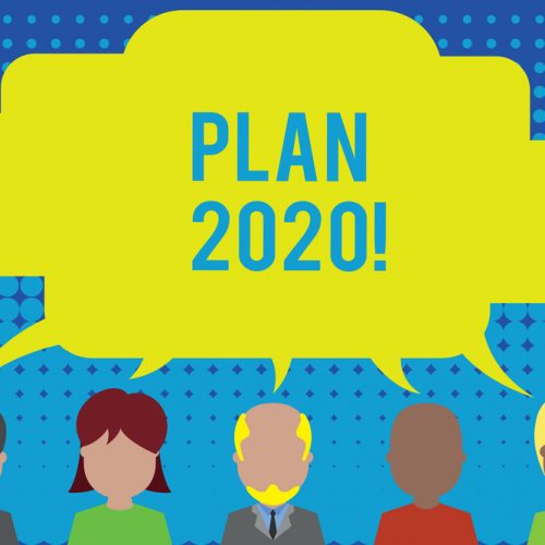 Conceptual hand writing showing Plan 2020. Business photo showcasing detailed proposal doing achieving something next year Five different persons sharing speech bubble People talking.
